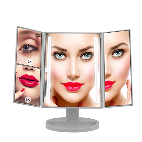 Makeup Mirror, LED Vanity Mirror with Dual Strip LED Lights - 3X/2X Magnifying Tri-Fold Countertop Cosmetic Mirror for Bedroom, Bathroom. Portable Design, Touch Screen and 180° Adjustable Rotation