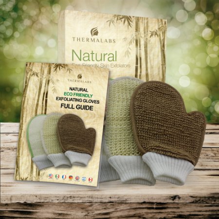 The Worlds Best Exfoliating Gloves Set Natural Eco Friendly Body Scrub Exfoliator Pack Bamboo Fiber and Loofah Jute and Sisal Mitts with Printed Guide and Free Finger Exfoliator Thermalabs Patent