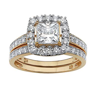 18K Yellow Gold over Sterling Silver Princess Cut Cubic Zirconia Halo Bridal Ring Set