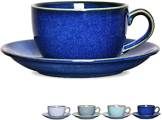 Bosmarlin Coffee Cup Mug with Saucer for Latte, Cappuccino, Tea, 8.5 Oz, Dishwasher and Microwave Safe, Reactive Glaze, 1 Pcs(Royal blue, 1)