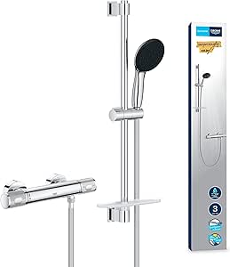 GROHE Precision Feel Mitigeur Thermostatique Douche, Ensemble de Douche 3 jets avec barre 60cm et Tablette, Economie d'eau, A coller avec GROHE QuickGlue ou à visser, Chromé, 34791001