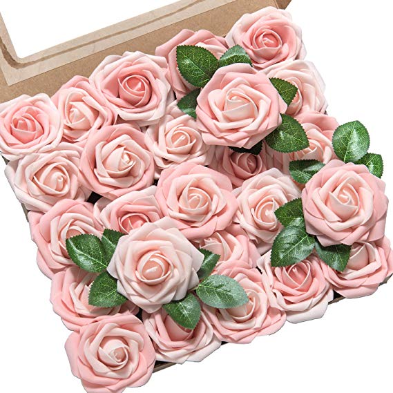Ling's moment Artificial Flower Blush and Pink Heirloom Roses 25pcs Real Looking Fake Roses w/Stem for DIY Wedding Bouquets Centerpieces Party Baby Shower Home Décor