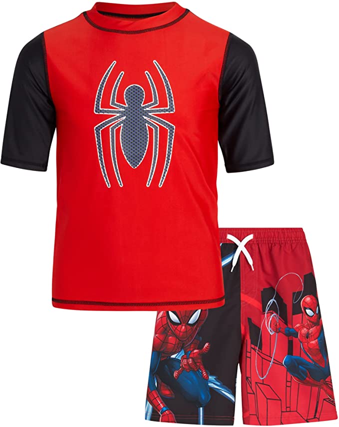 Marvel Boys' Spider-Man Rash Guard Set - 2 Piece Swim Shirt and Bathing Suit Trunks (4-12)