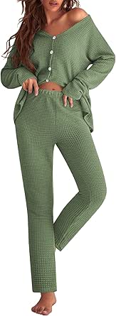 Ekouaer Womens Waffle Knit Pajamas Loungewear Two-piece Sleepwear Button-Down Pj Set with Pockets