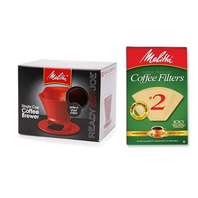 Melitta Pour Over Coffee Cone Brewer & #2 Filter Natural Brown Combo Set, Red