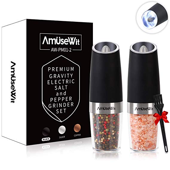 Gravity Electric Salt and Pepper Grinder Set【2019 Newest】- Battery Operated Automatic Salt and Pepper Mills with White Light,Adjustable Coarseness,One Handed Operation,Cleaning Brush,Black by AmuseWit