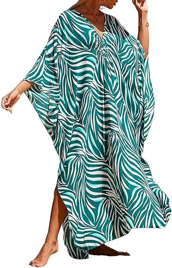 Bsubseach Women Loose Colorful Beach Cover Up Kaftan Dress Short Sleeve Swimsuit Cover Ups