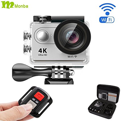 Monba ME10(Silver Color) 4K Sports Action Camera waterproof wifi camcorder 12MP 170 Ultra Wide Angle- 2x1050mAh Batteries portable package Accessory Set and Wireless Remote control
