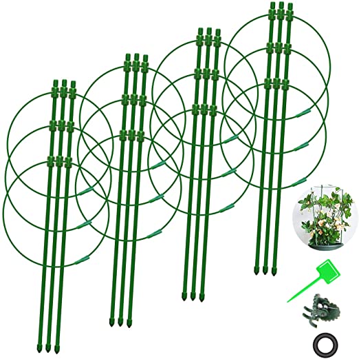 Aubliss 24'' Plant Support Cage for Climbing Plants, 4-Pack, Tomato Cages with Adjustable Hoops, PVC Detachable Buckle, Plant Clips and Plant Labels