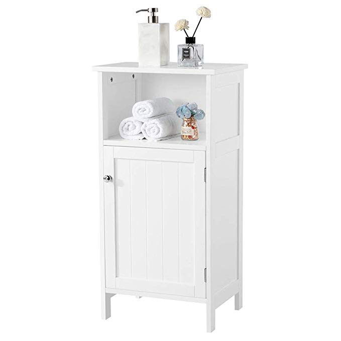 Yaheetech Bathroom Floor Storage Cabinet with Single Door and Adjustable Shelf White Finish Wood