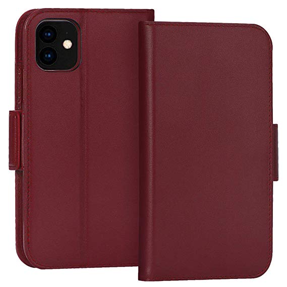 FYY Case for iPhone 11 6.1”, Luxury [Cowhide Genuine Leather][RFID Blocking] Wallet Case, Handmade Flip Folio Case Cover with [Kickstand Function] and[Card Slots] for Apple iPhone 11 6.1” Wine Red