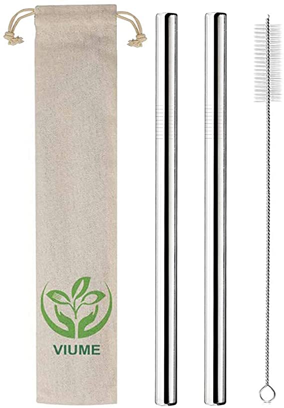 2 Pcs Reusable Boba Straws & Smoothie Straws, 0.5" Wide Stainless Steel Straws, Straight Metal Straws for Boba Tea, Milkshakes, Smoothies with 1 Cleanning Brush & 1 Bag (Silver)