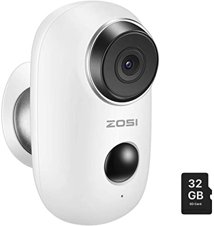 ZOSI 1080p Indoor Outdoor 2.4Ghz WiFi Security IP Camera Wireless Battery Powered with 32GB SD Card, Two Way Audio, PIR Motion Alerts, Rechargeable Battery, Cloud Storage