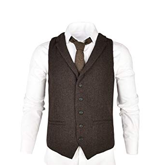 VOBOOM Mens Herringbone Tailored Collar Waistcoat Fullback Wool Tweed Suit Vest