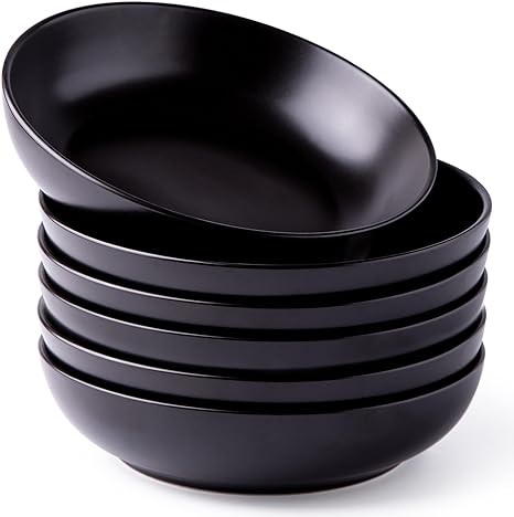 AmorArc 8.5 Inch Stoneware Pasta Bowls, 32oz Large Bowls Set of 6 for Kitchen, Wide Bowls for Pasta,Salad,Oatmeal, Microwave&Dishwasher Safe, Matte Black