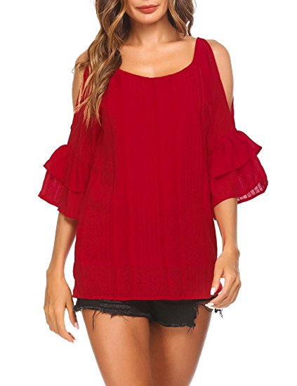 ELOVER Women Chiffon Cold Shoulder Tops Flare Sleeve Crewneck Flowy Shirt Casual Blouse（S-XXL）