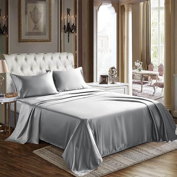 CozyLux Satin Sheets Twin Extra Long (XL) Size - 3 Piece Light Grey Bed Sheet Set with Silky Microfiber, 1 Deep Pocket Fitted Sheet, 1 Flat Sheet, and 1 Pillowcase - Smooth and Soft