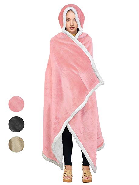 Tirrinia Sherpa Hooded Blanket Wearable Cuddle Throw Warm Cozy Sherpa Lining 47’x73’/ Sherpa Throw Blanket/Solid Flannel/