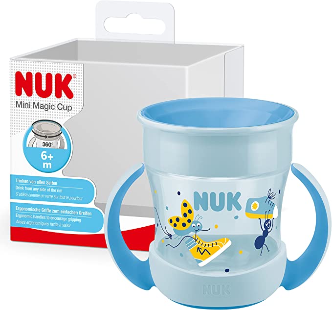 NUK Mini Magic Cup Sippy Cup | 360° Anti-Spill Rim | 6  Months | Easy Grip Handles | BPA-Free | 160 ml | Blue Ladybird,10255605