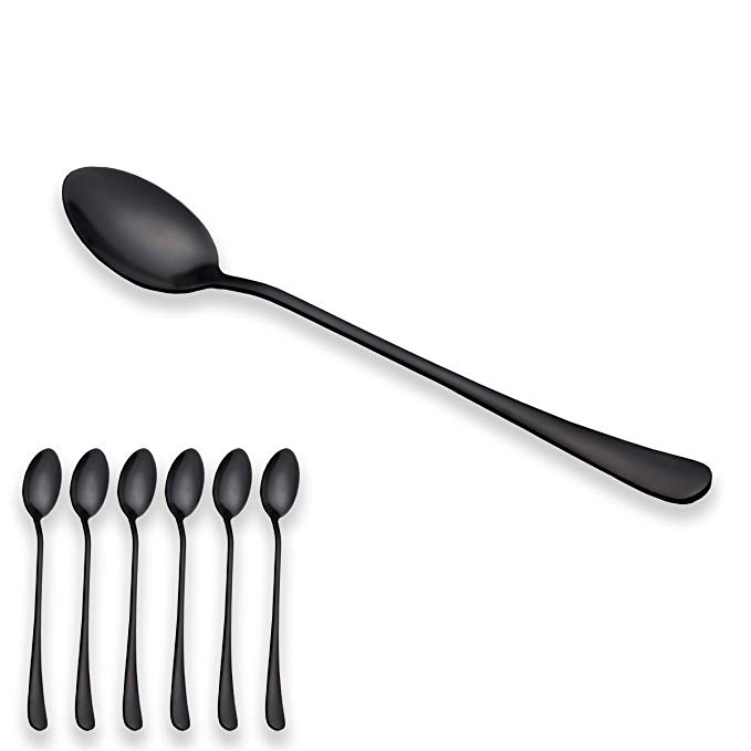 Berglander Black Titanium Plated Long Handle Stainless Steel Ice Cream Spoon, Latte Spoon, Cocktail Stirring Spoons, Pack of 6, Black Color