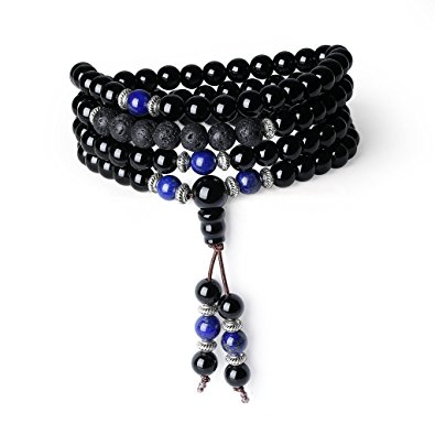 AmorWing 108 Beads Onyx Mala Bracelet Necklace with Lava Beads for Essential Oil