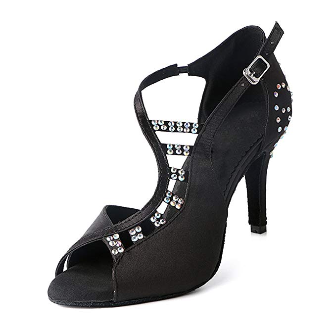 DLisiting Latin Dance Shoes Women Ballroom Black Satin Rhinestone Salsa Shoes High Heel