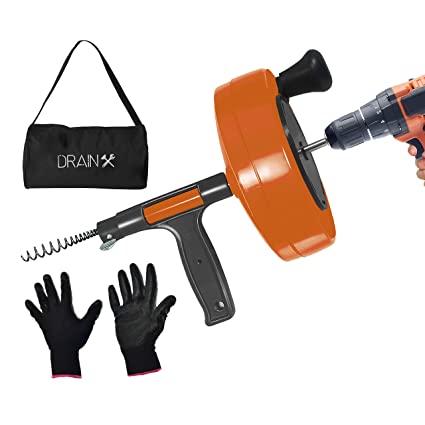 DrainX Power Pro 3/8" Dia Cable Steel Drum Auger 25-FT Plumbing Snake with Drill Attachment | Use Manually or Powered | Work Gloves and Storage Bag Included