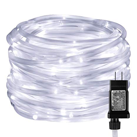 LE LED Rope Light with Timer, Low Voltage, 8 Mode, Waterproof, Daylight White, 33ft 100 LED, Indoor Outdoor Plug in Light Rope and String for Deck, Patio, Bedroom, Boat, Landscape Lighting and More