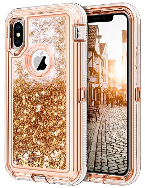 JAKPAK Case for iPhone Xs Case iPhone X Case for Girls Women Glitter Sparkle Case for iPhone Xs Heavy Duty Shockproof Protective Case with Hard PC Bumper TPU Back Case for iPhone XS iPhone X Rose Gold