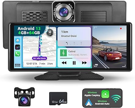 8-Core 4G RAM 64G ROM Android Portable Wireless Apple CarPlay Dashcam Car Stereo, Wireless Android Auto Car Radio with GPS Navigation & WiFi, Bluetooth Hands-Free, Backup Camera & 64G TF