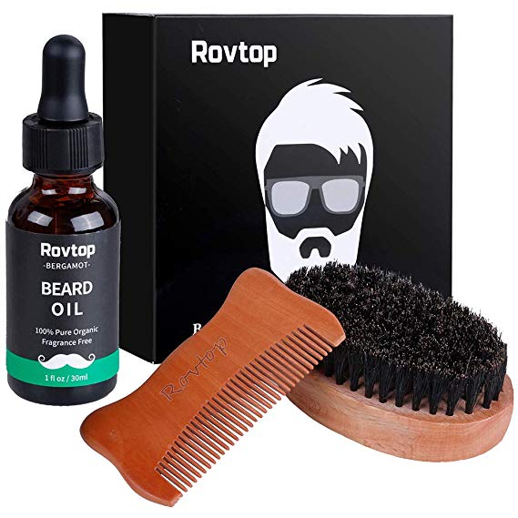 Rovtop 3 in 1 Men Beard Care Kit Mustache Grooming Trimming Set,Beard Brush,Beard Comb,Natural Beard Oil Perfect Men's Gift Set for Styling, Shaping, Trimming and Growth with 1 Travel Box