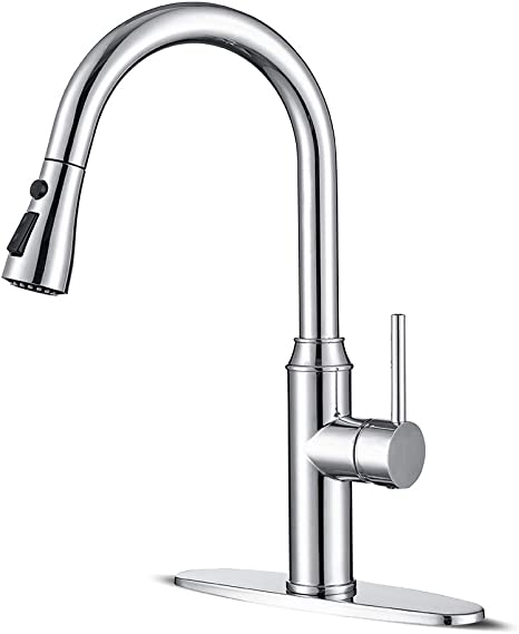 Kitchen faucets with Pull Down Sprayer, faucets for Kitchen Sinks Chrome Kitchen Faucet Stainless Steel Single Handle 1 or 3 Hole with Escutcheon