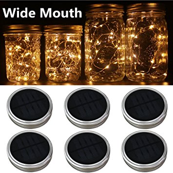 6-Pack Wide Mouth Solar-powered Mason Jar Lights (Jar & Handle Not Included),20 Bulbs Warm White Jar Hanging Light,Solar Fairy Firefly Lights Lids Insert Fit for Wide Mouth Jars