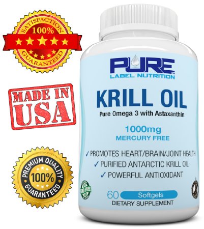 Krill Oil 1000mg w/ Astaxanthin PURE-K® Top Rated #1 Fish Oil Omega 3 6 9 - EPA DHA - 100% Purified & Mercury free - Mega Dose Phospholipids - Non GMO - Gluten FREE - Pure Label Nutrition Krill Oil