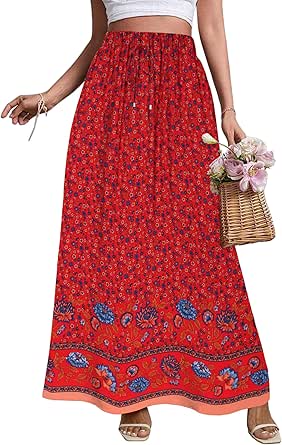 Zeagoo Women's 2024 Boho Floral Skirt Casual Elastic High Waist Maxi Skirts Flowy A Line Beach Long Skirt with Side Pockets