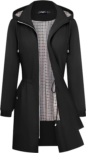 Bloggerlove Rain Jacket Lightweight Raincoat for Women Hooded Plaid Lined Trench Coats Waterproof Travel Windbreaker