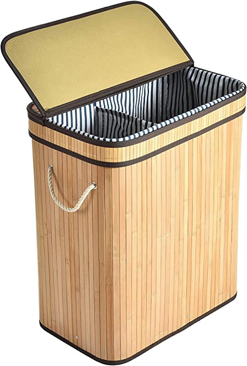 ALINK 100L Bamboo Laundry Basket with 2 Sections, XXL Tall Large Foldable Storage Hamper, Dirty Clothes Bin Box with Lid, Handles, Removable Liner, Rectangular, Natural