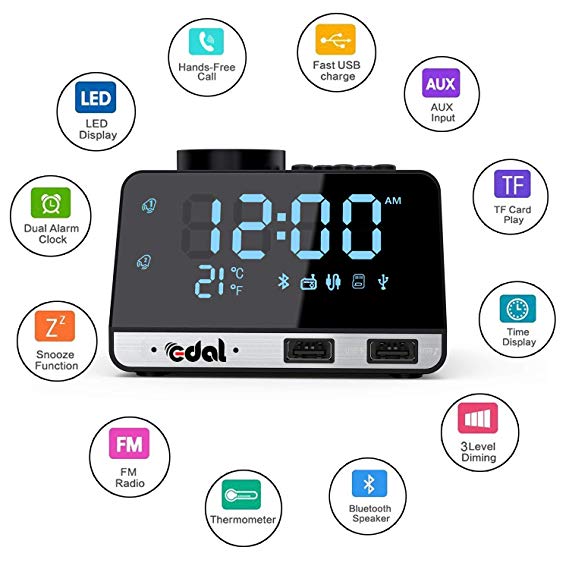 EDAL Bluetooth Alarm Clock Radio Mini Alarm Clocks for Bedrooms 4 inch Mirror Display FM Radio Clock Bluetooth Alarm Speaker with USB Charger Station (Black)