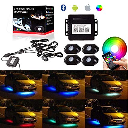 OCPTY 4 Pods RGB LED Rock Lights Kits Waterproof Offroad Rock Lights App Bluetooth Control with Timing Music Mode Neon Lights Kits Replacement fit for Cars Trucks SUV Jeep