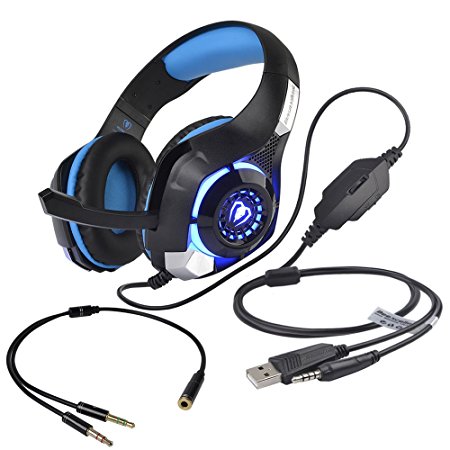 Beexcellent 3.5mm Gaming Headset Over Ear Headphones Headband Stereo Computer Bass Earphones with Mic Volume Control LED Light for Xbox One PlayStation 4 PS4 PC Laptop Tablet Smartphones-Black Blue