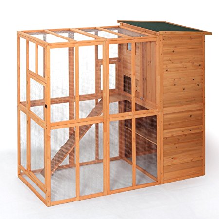 LAZYMOON Cat House Outdoor Run Wooden Cat Rabbit Home w/Outside Fun Run Small Animal Enclosure Cage