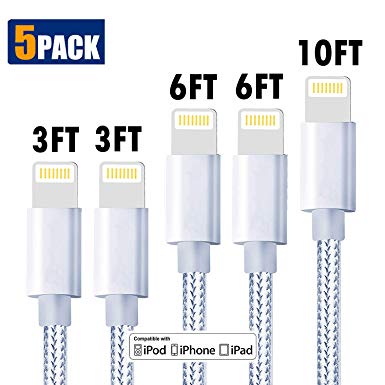 iPhone Charger Lightning Cable iPhone Cable MFi Certified Apple iphone charer cable Xs MAX XR X 8 7 6s 6 5E Plus ipad car Charger Charging Cable Cord Fast Long USB c 3 3 6 6 10 ft to 5pack Chargers 10