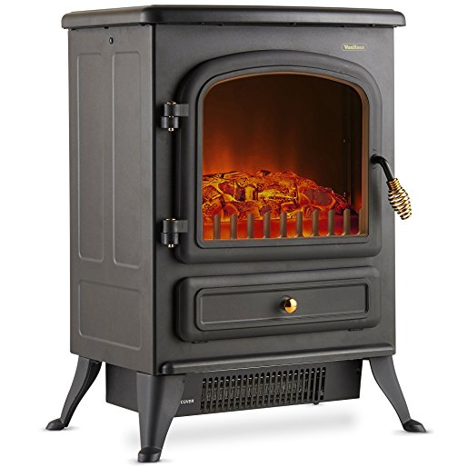 VonHaus Electric Fireplace Stove Heater Portable Free Standing with Log Wood Burning Flame Effect Light 1500W - Black