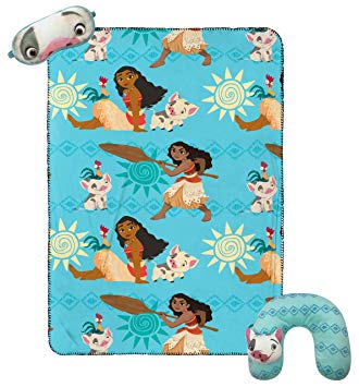 Jay Franco Disney Moana 3 Piece Plush Kids Travel Set with Neck Pillow, Blanket & Eye Mask (Official Disney Product)