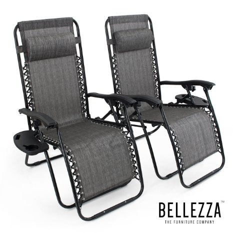 BELLEZZA© Premium Patio Chairs Zero Gravity Folding Recliner and Drink Tray, Set of 2, Gray