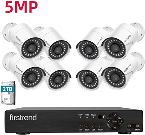 Firstrend 5MP Security Cameras System with 8PCS 1920P Ultra HD Home Video Surveillance Cameras and 2TB Hard Drive Outdoor Indoor DVR CCTV Systems Free App Night Vision Motion Detection