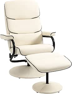 HOMCOM Recliner Chair with Ottoman, PU Leather Swivel High Back Armchair w/Footrest, 135° Adjustable Backrest and Thick Foam Padding, Cream White