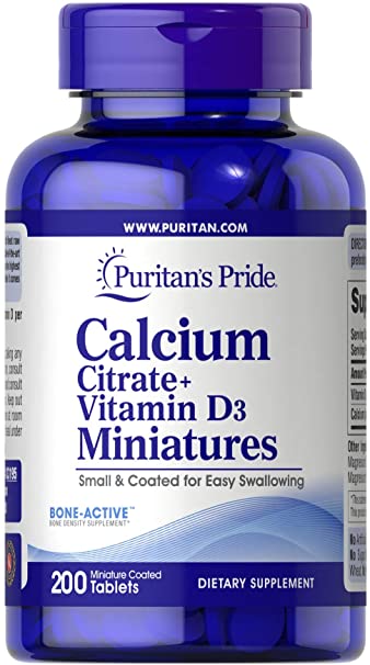 Puritans Pride Calcium Citrate   Vitamin D3 Miniatures-200 Mini Coated Tablets, 200 Count