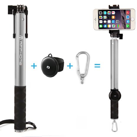 Selfie Stick, APPHOME 10''-45'' [Battery Free] Aluminum Self-Portrait Foldable & Extendable Monopod Pole built-in Bluetooth Remote Shutter for Gopro iphone Samsung Digital Camera Android - Silver