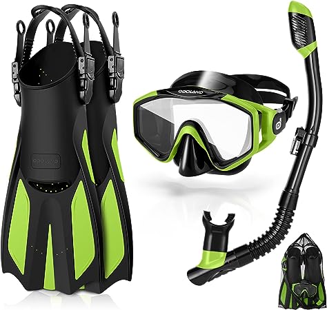 Odoland Snorkel Set, Adults & Kids Snorkeling Packages with Dry Top Diving Mask, Adjustable Swim Fins, Mesh Bag, Anti-Fog Anti-Leak Snorkeling Gear for Men Women